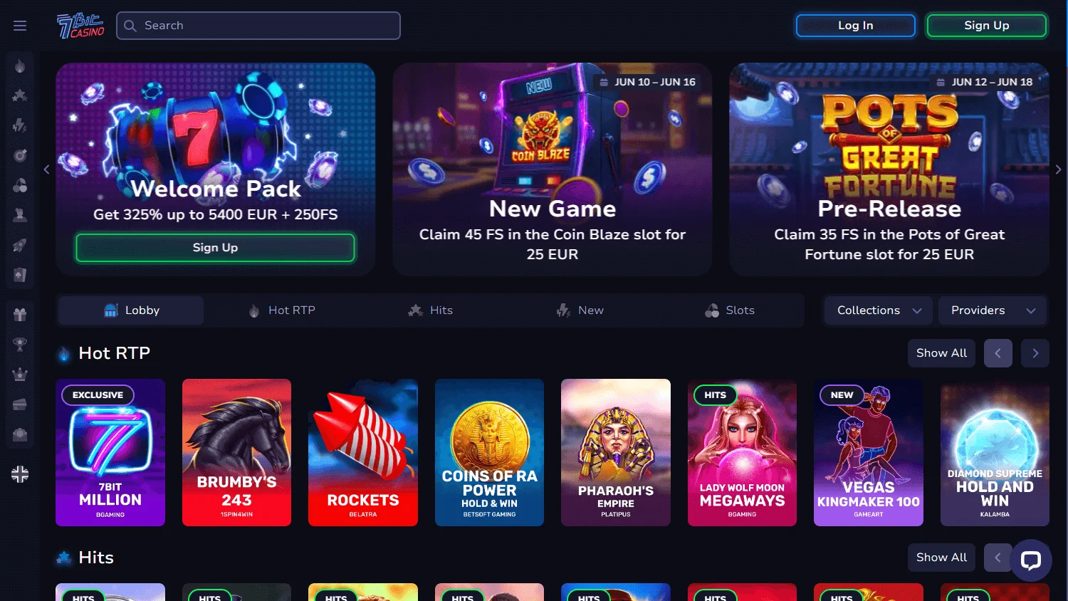 7BitCasino desktop casino home interface